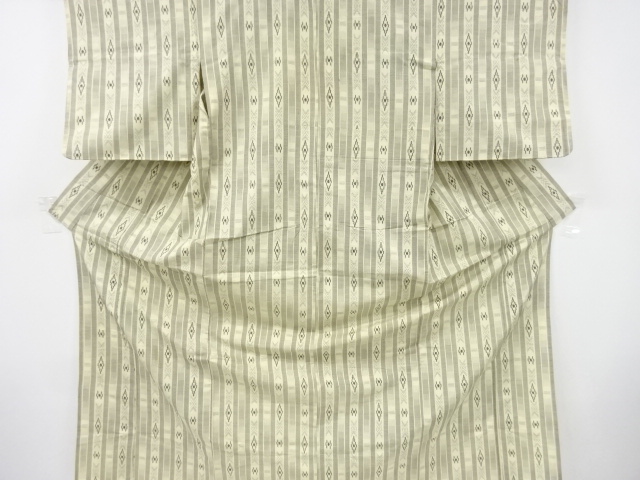 アンティーク　縞に抽象模様織り出し手織り紬単衣着物